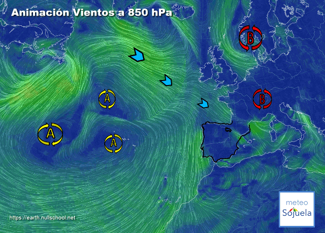 Animación Viento a 850hPa. Situación de nw