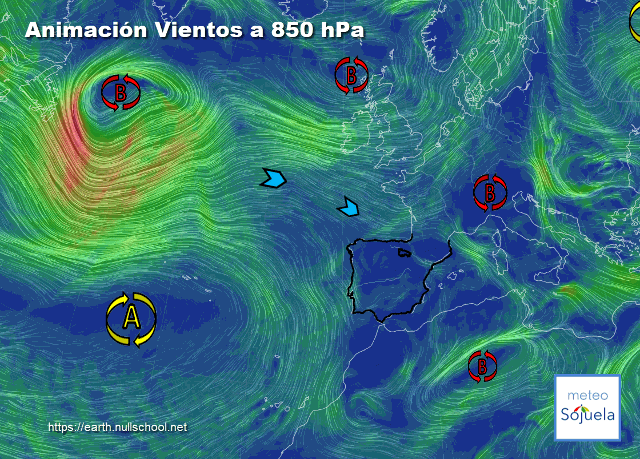 Animación Viento a 850hPa. Situación de nw