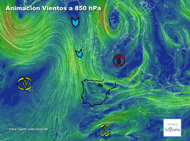Animación Viento a 850hPa. Situación de nw. Masa de aire frío Artica Maritima 14052026