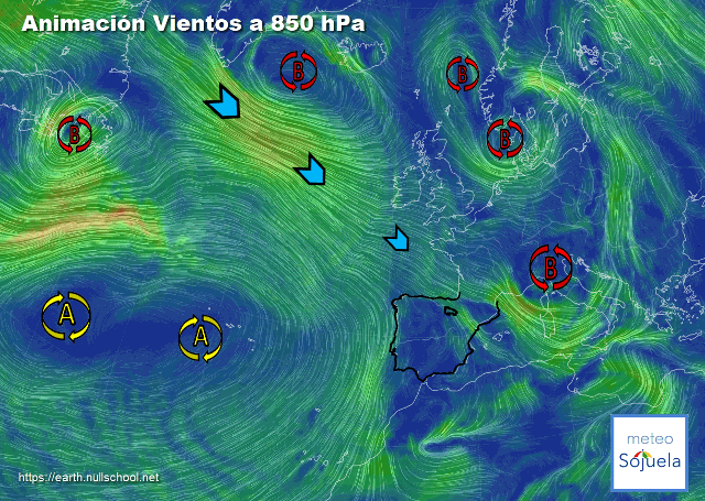 Animación Viento a 850hPa. Situación de nw. Masa de aire frío Polar Maritima 15052026