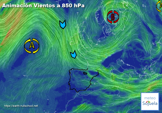 Animación Viento a 850hPa. Situación de nw