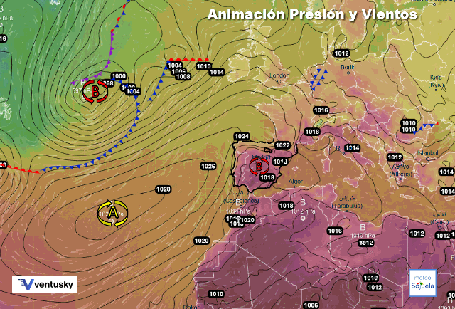 Animación presión y viento, Altas presiones de bloqueo y baja relativa