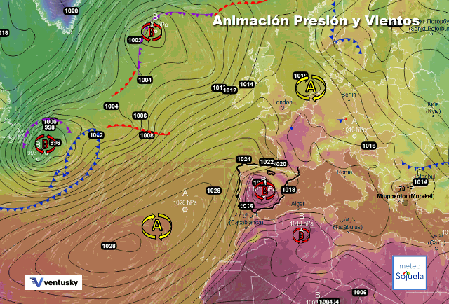 Animación presión y viento, Altas presiones de bloqueo y baja relativa
