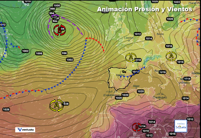 Animación presión y viento, Anticiclón y frente en frontolisis