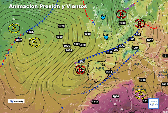Animación presión y viento, Bajas pesiones y frentes