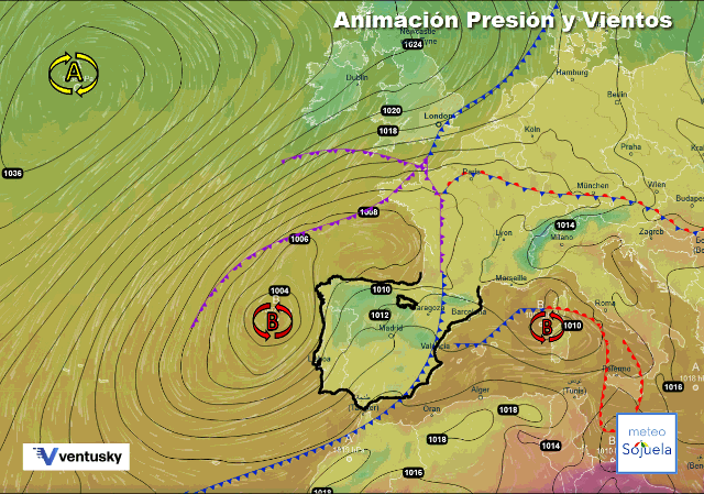 Animación presión y viento, Entre borrascas 1005