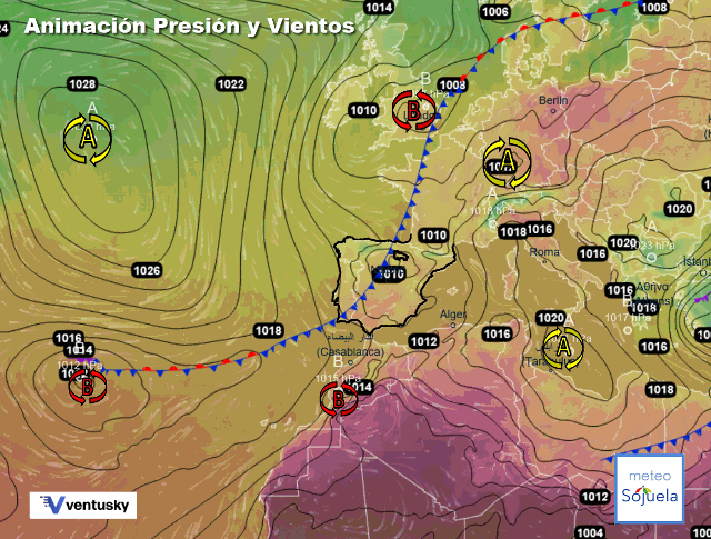 Animación presión y viento, Frente acercándose por el Atlántico