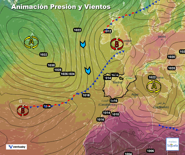 Animación presión y viento, Frente acercándose por el Atlántico