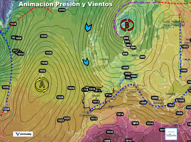 Animación presión y viento, Masa de aire frío Artica Marítima Situación de NW