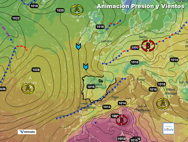 Animación presión y viento, Vientos de NW