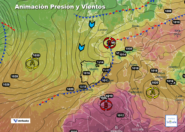 Animación presión y viento, Vientos de NW