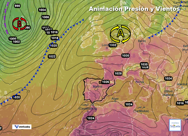 Animación presión y viento en superficie, Altas Presiones