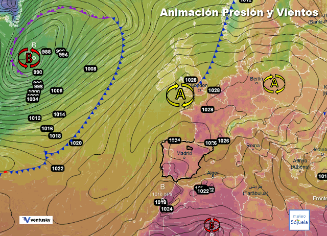 Animación presión y viento en superficie, Altas Presiones