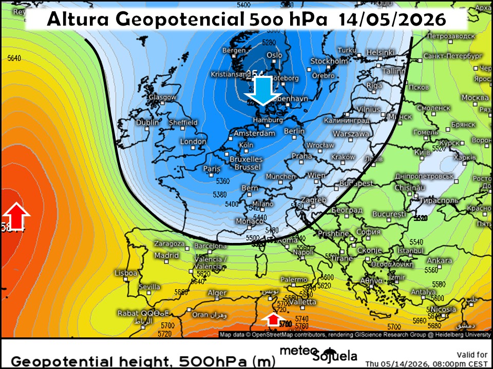 Dorsal en el Atlántico y Vaguada de aire frío descolgándose desde latitudes altas