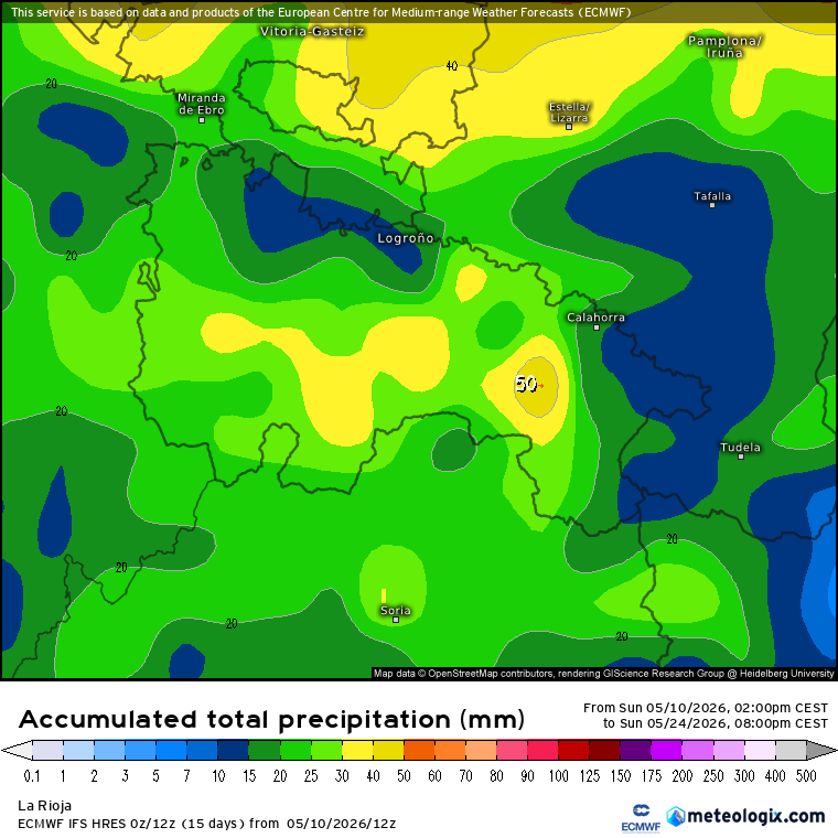 Precipitación Acumulada según ECMWF. Meteosojuela La Rioja