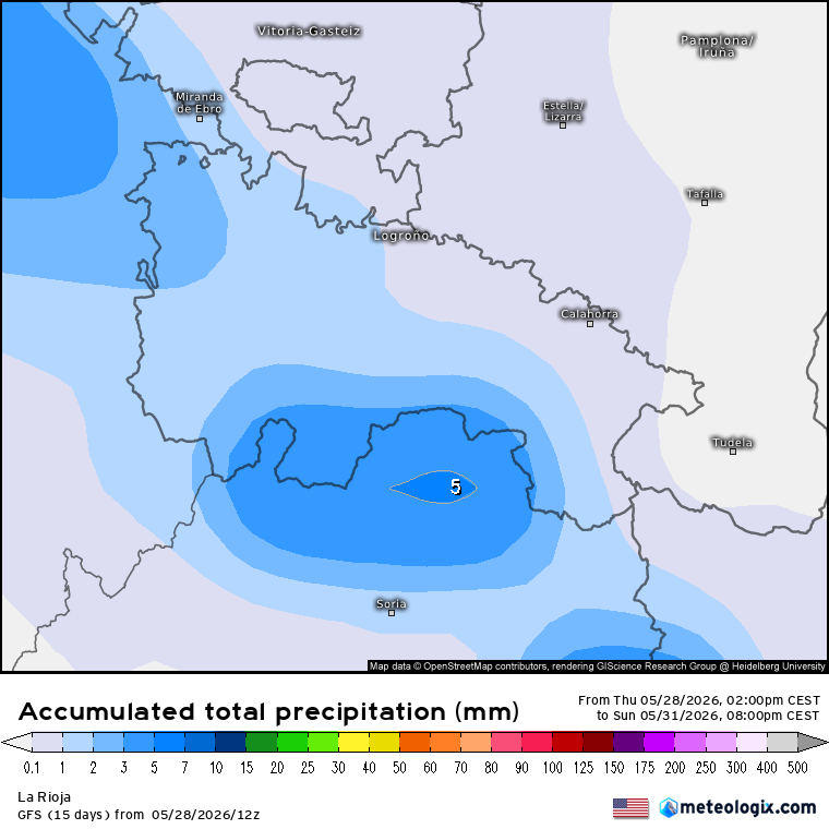 Precipitación Acumulada según GFS. Meteosojuela La Rioja