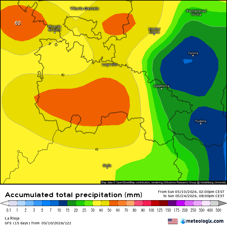 Precipitación Acumulada según GFS. Meteosojuela La Rioja