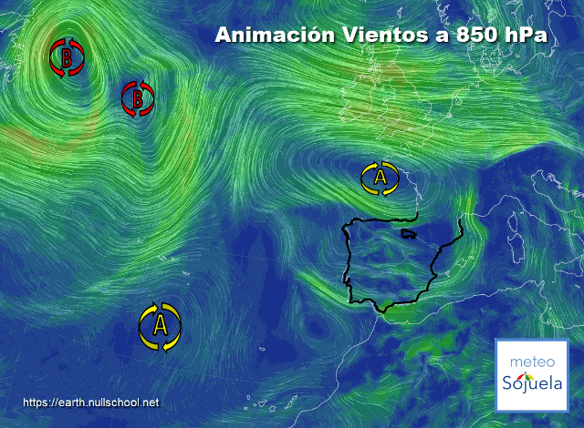 Animación Viento a 850hPa. Altas presiones de bloqueo