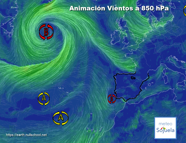 Animación Viento a 850hPa. Altas presiones de bloqueo