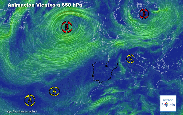 Animación Viento a 850hPa. Altas presiones de bloqueo