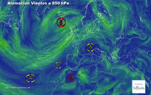 Animación Viento a 850hPa. Altas presiones de bloqueo