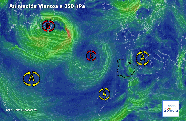 Animación Viento a 850hPa. Altas presiones de bloqueo y Baja en el atlántico (2)