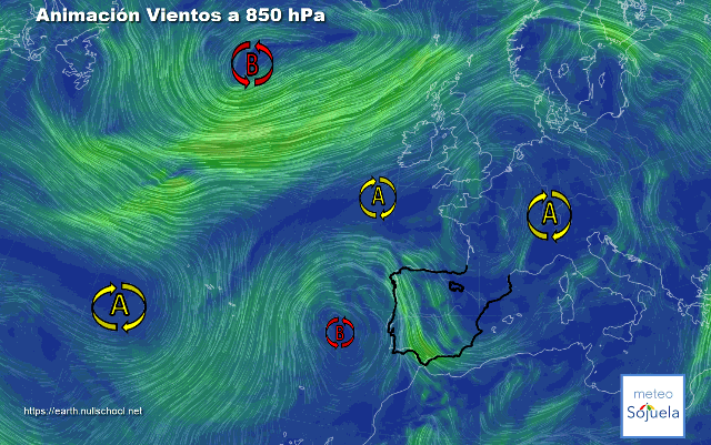 Animación Viento a 850hPa. Altas presiones de bloqueo y Baja en el atlántico (2)