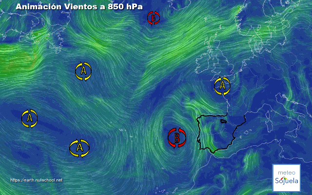 Animación Viento a 850hPa. Altas presiones de bloqueo y Baja en el atlántico (2)