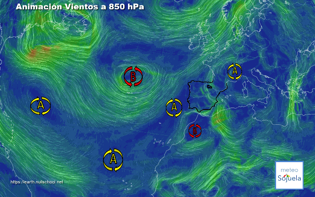 Animación Viento a 850hPa. Altas presiones de bloqueo y Baja en el atlántico (2)