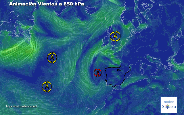 Animación Viento a 850hPa. Altas presiones de bloqueo y Baja en el atlántico asociada a la DANA