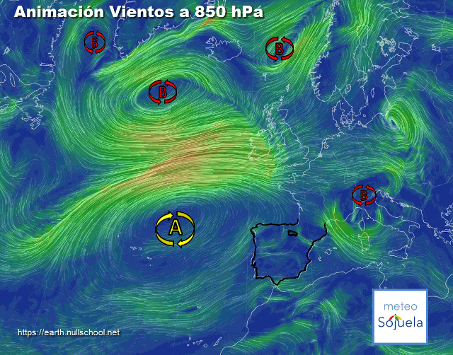 Animación Viento a 850hPa. Altas presiones de bloqueo y situación de NW