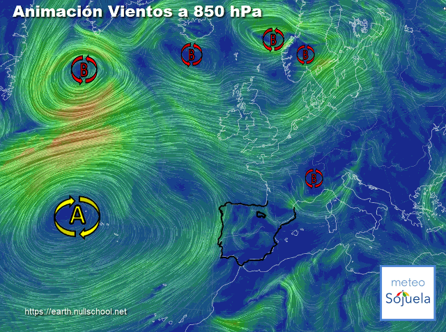 Animación Viento a 850hPa. Altas presiones de bloqueo y situación de NW
