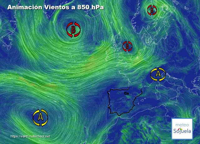 Animación Viento a 850hPa. Altas presiones de bloqueo