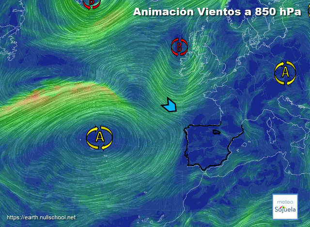 Animación Viento a 850hPa. Flujo de NW