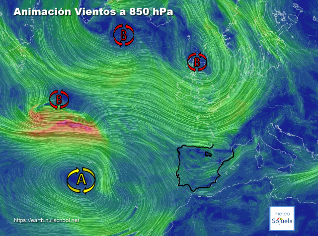 Animación Viento a 850hPa. Flujo de WNW y NNW