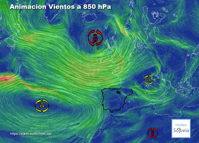Animación Viento a 850hPa. Flujo de WNW