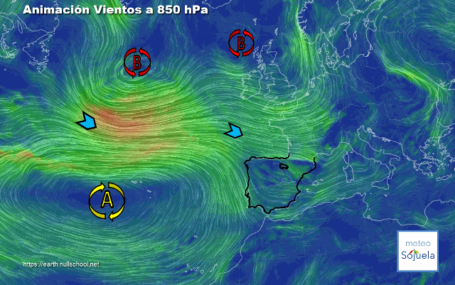 Animación Viento a 850hPa. Situación de WNW