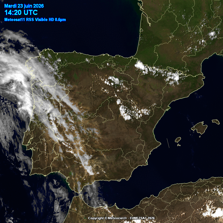 Animación imágenes satélite Meteosat. Bandas de nubes medias y alguna tormenta