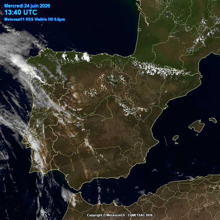 Animación imágenes satélite Meteosat. Bandas de nubes medias y alguna tormenta