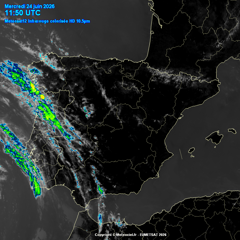 Animación imágenes satélite Meteosat. Bandas de nubes medias y alguna tormenta