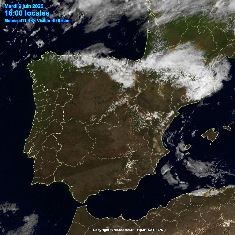 Animación imágenes satélite Meteosat. Frente alcanzando la península, nubes bajas en el Norte y nubes de evolución en el Este peninsular