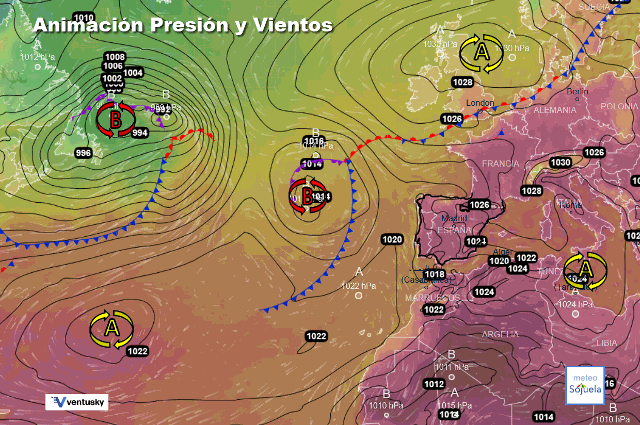 Animación presión y viento, Altas presiones de bloqueo y baja atlántica