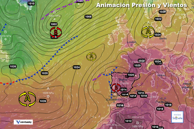 Animación presión y viento, Altas presiones de bloqueo y baja atlántica