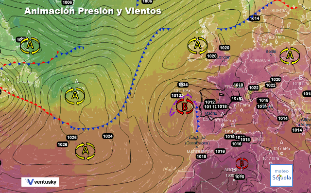 Animación presión y viento, Altas presiones de bloqueo y baja atlántica