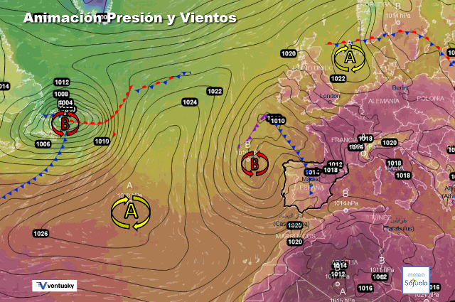 Animación presión y viento, Altas presiones de bloqueo y baja atlántica asociada a la DANA