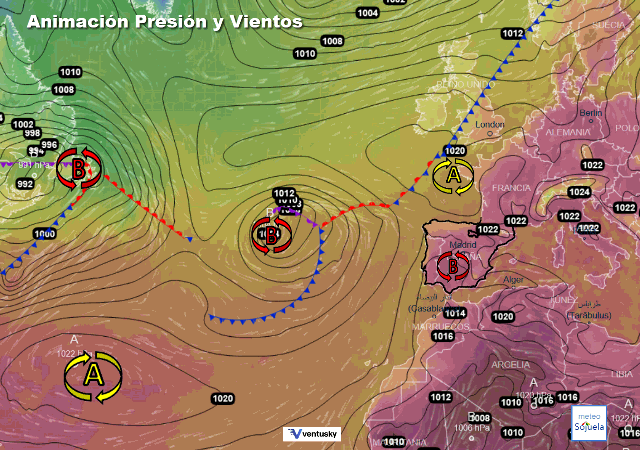 Animación presión y viento, Altas presiones de bloqueo y baja atlántica
