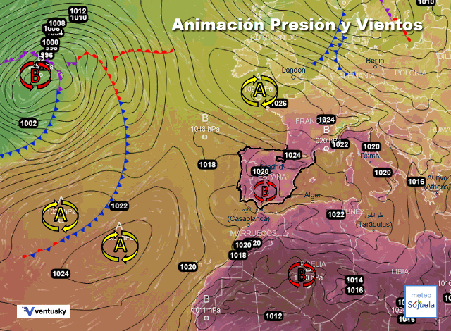 Animación presión y viento, Altas presiones de bloqueo y baja relativa
