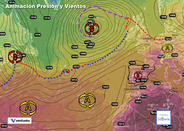 Animación presión y viento, Altas presiones de bloqueo y baja relativa