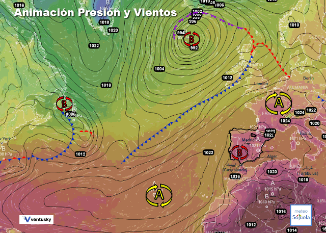 Animación presión y viento, Altas presiones de bloqueo y baja relativa