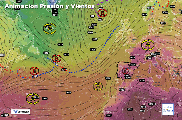Animación presión y viento, Altas presiones de bloqueo y baja relativa